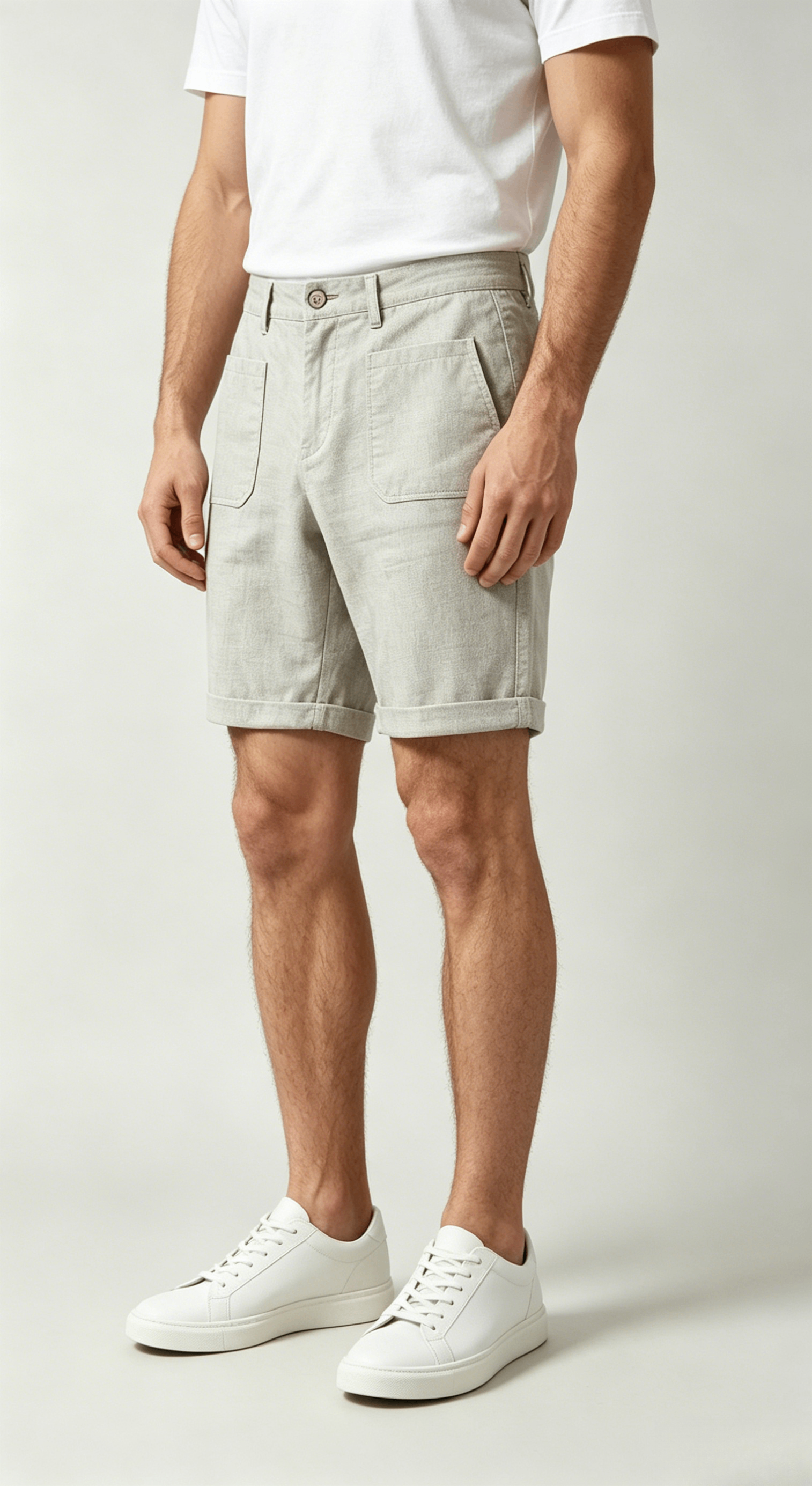 Light Beige Linen Blend Roll Hem Shorts - Image 4