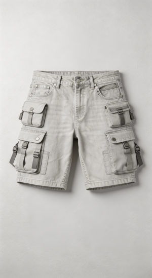 Light Grey Multi-Pocket Cargo Denim Shorts