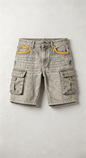 Washed Grey Denim Cargo Shorts with Colorful Stitching