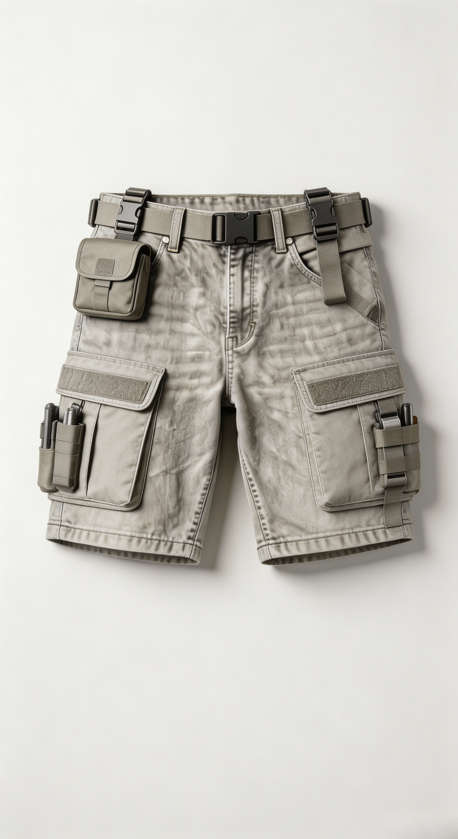 Tactical Grey Denim Cargo Shorts with Belt
