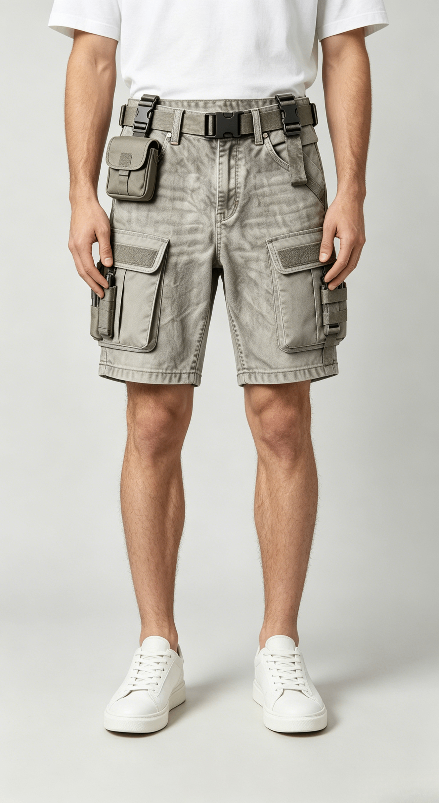 Tactical Grey Denim Cargo Shorts with Belt - Image 3