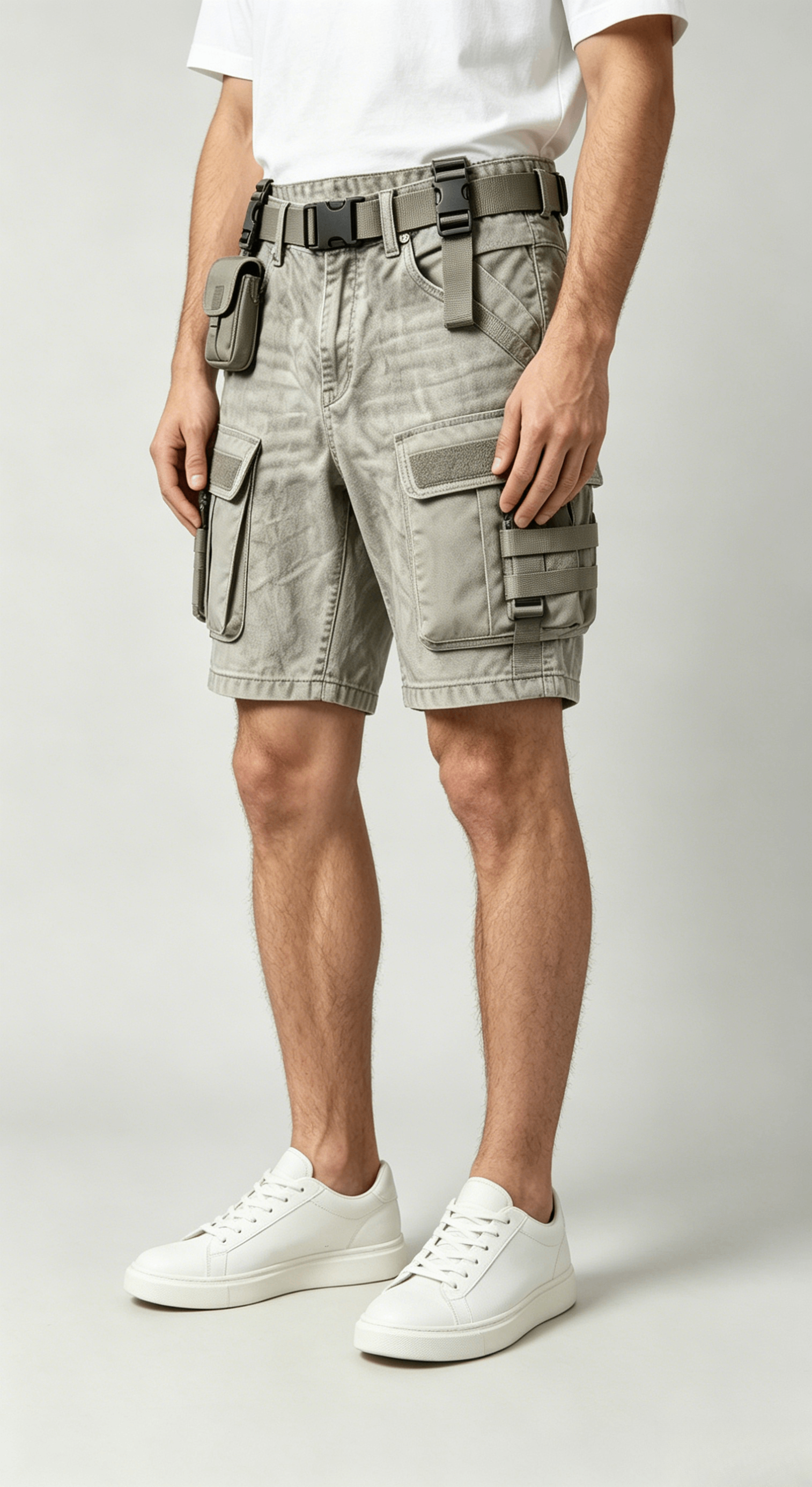 Tactical Grey Denim Cargo Shorts with Belt - Image 4