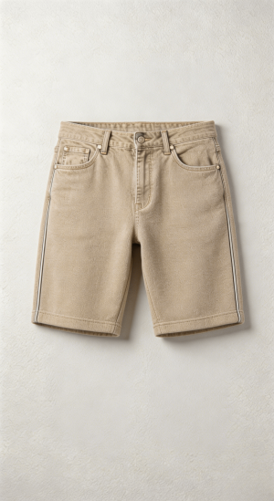 Beige Textured Denim Shorts