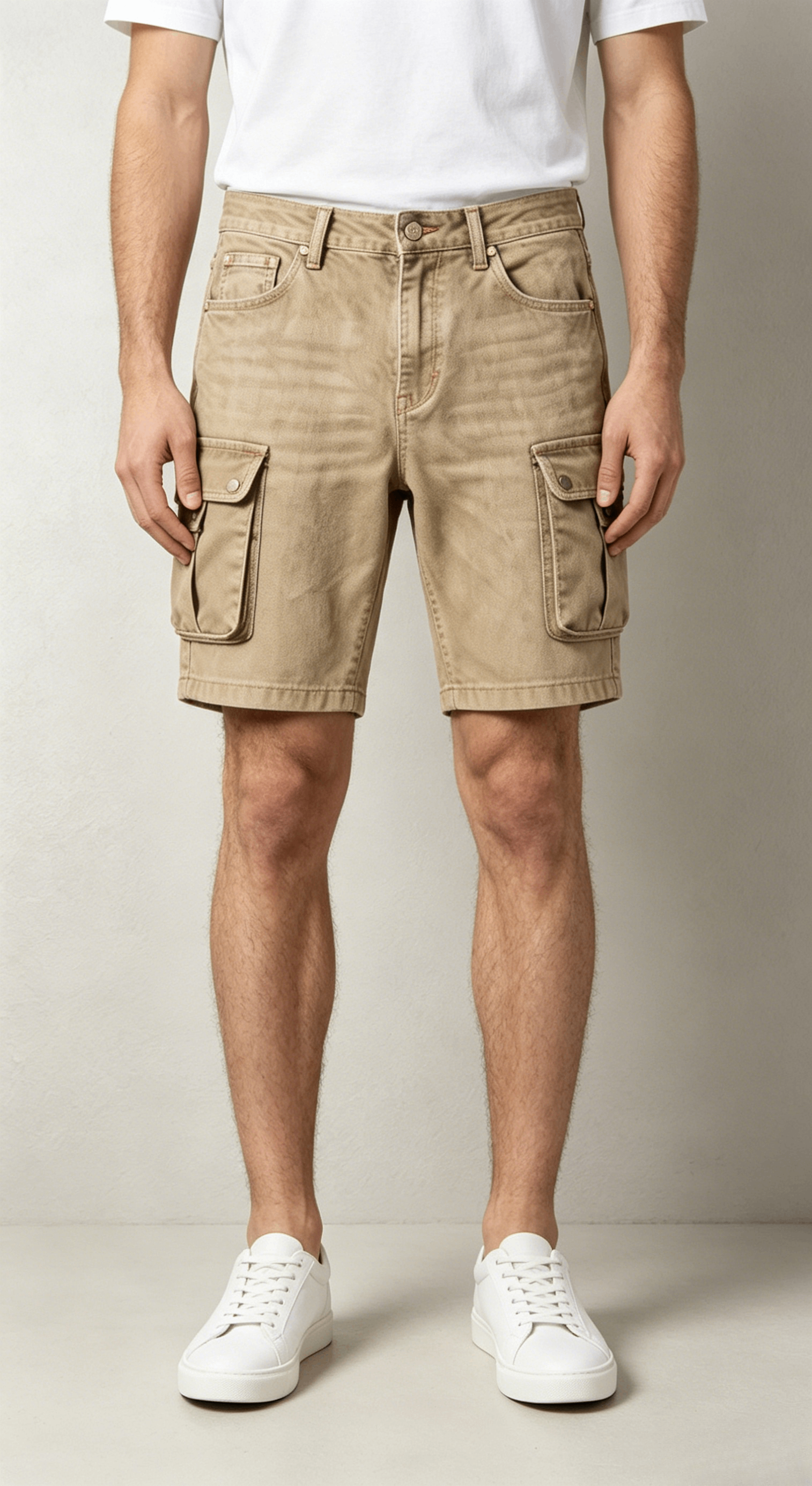 Beige Textured Denim Shorts - Image 3