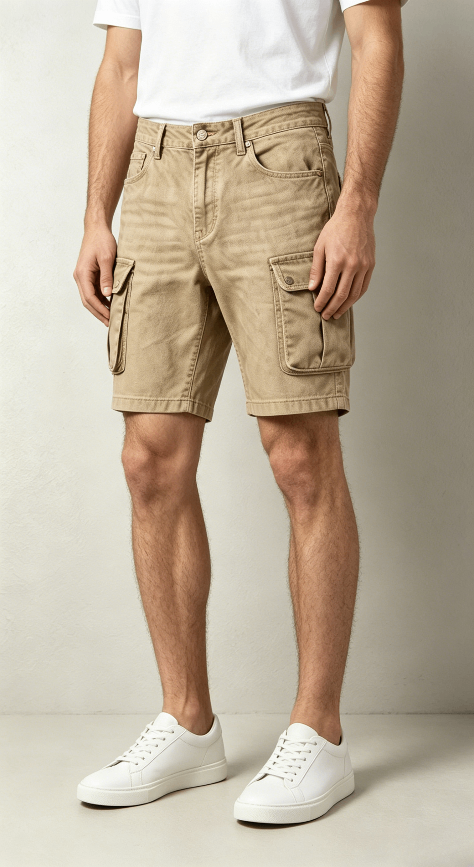 Beige Textured Denim Shorts - Image 4