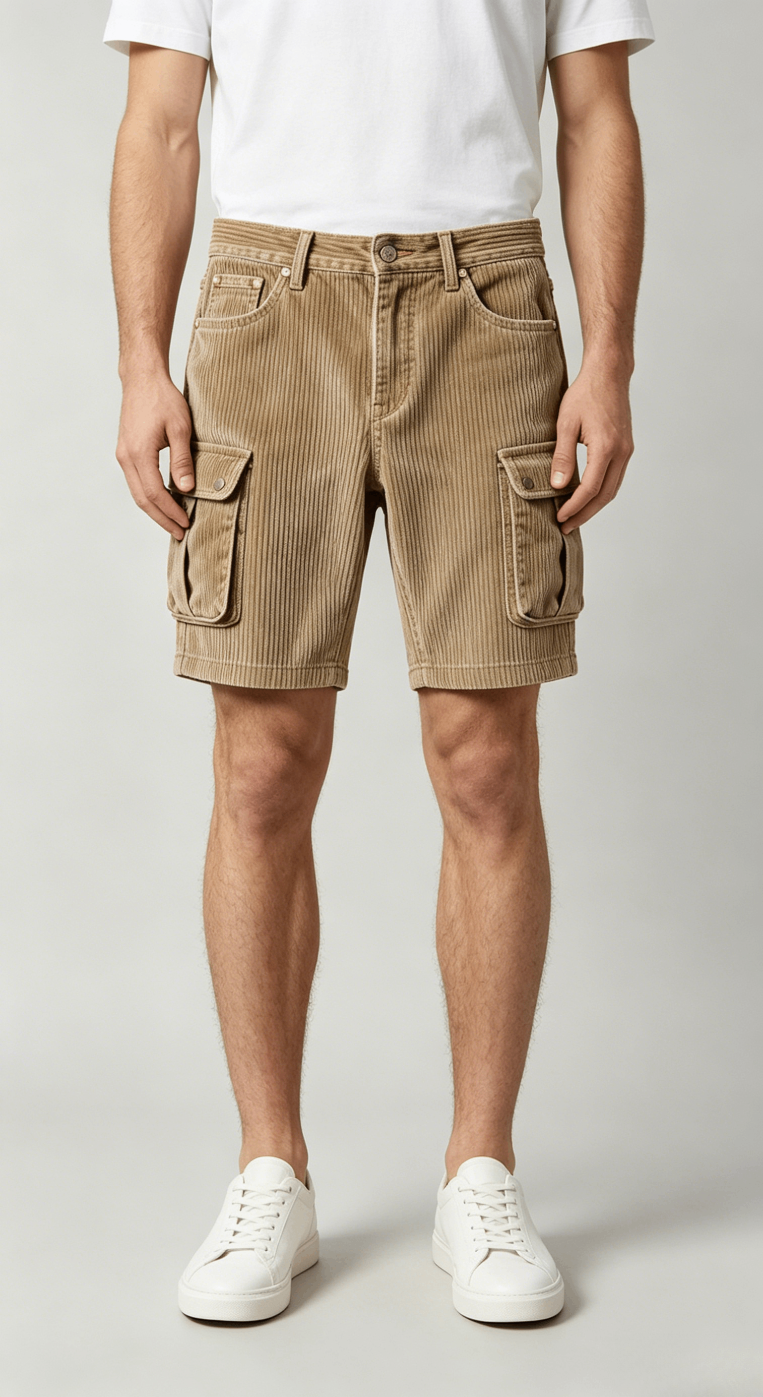 Beige Corduroy Cargo Shorts - Image 3
