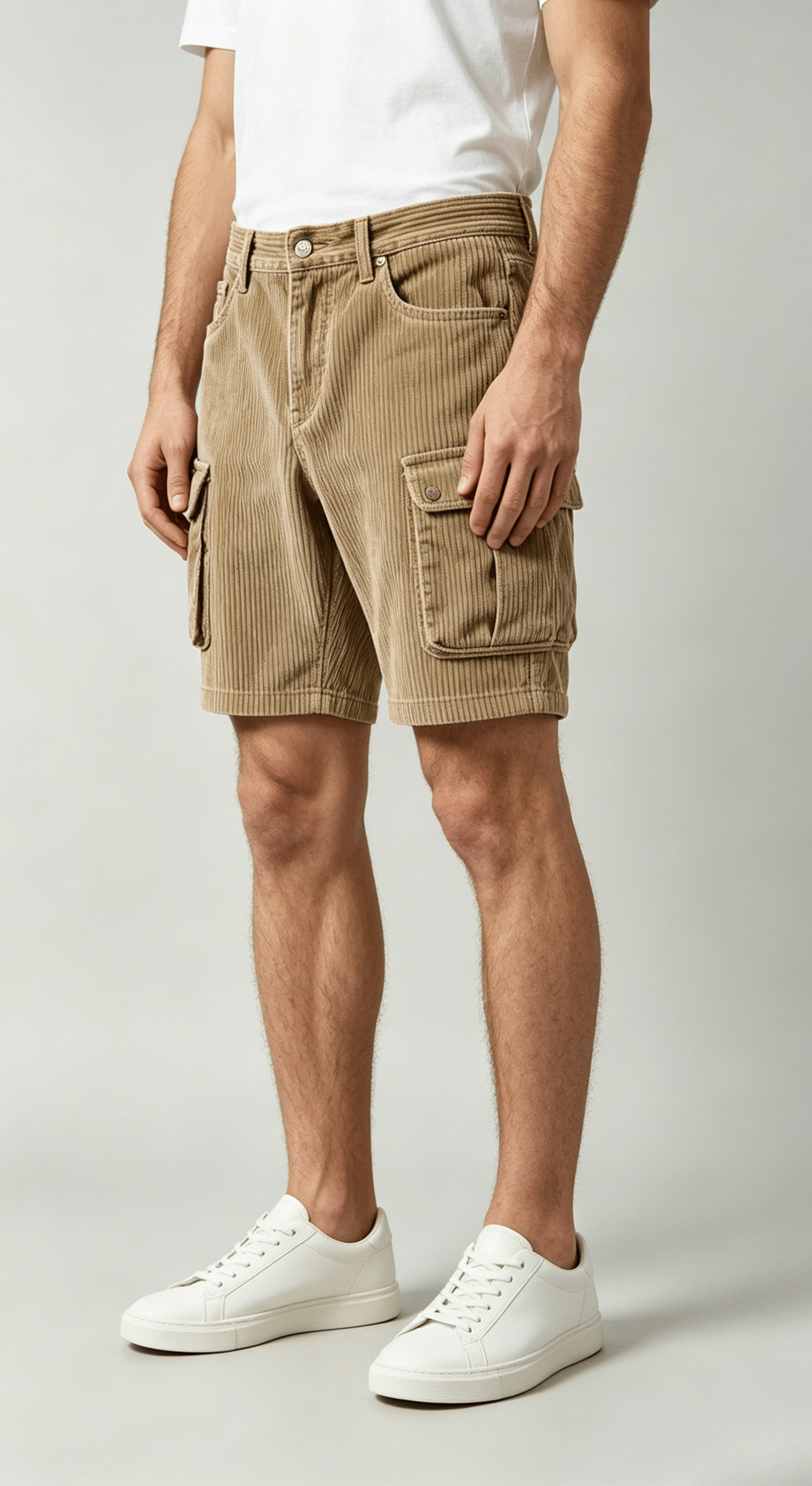 Beige Corduroy Cargo Shorts - Image 4
