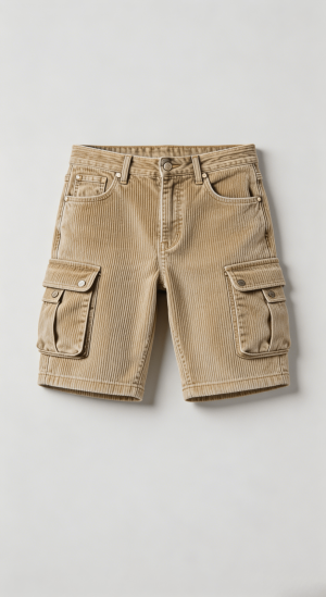Beige Corduroy Cargo Shorts with Faded Finish