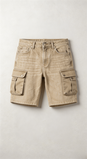 Beige Washed Denim Cargo Shorts