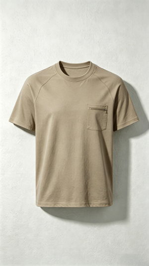 Beige Zip Pocket Crew Neck T-Shirt