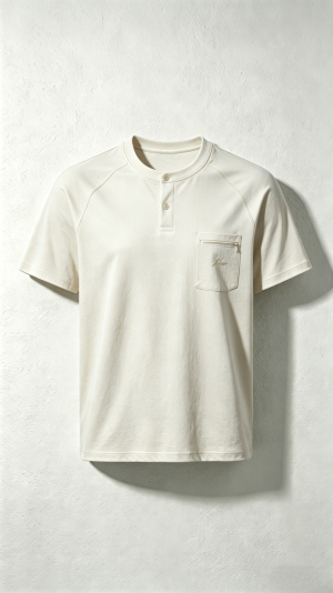 Cream Embroidered Henley Zip Pocket T-Shirt