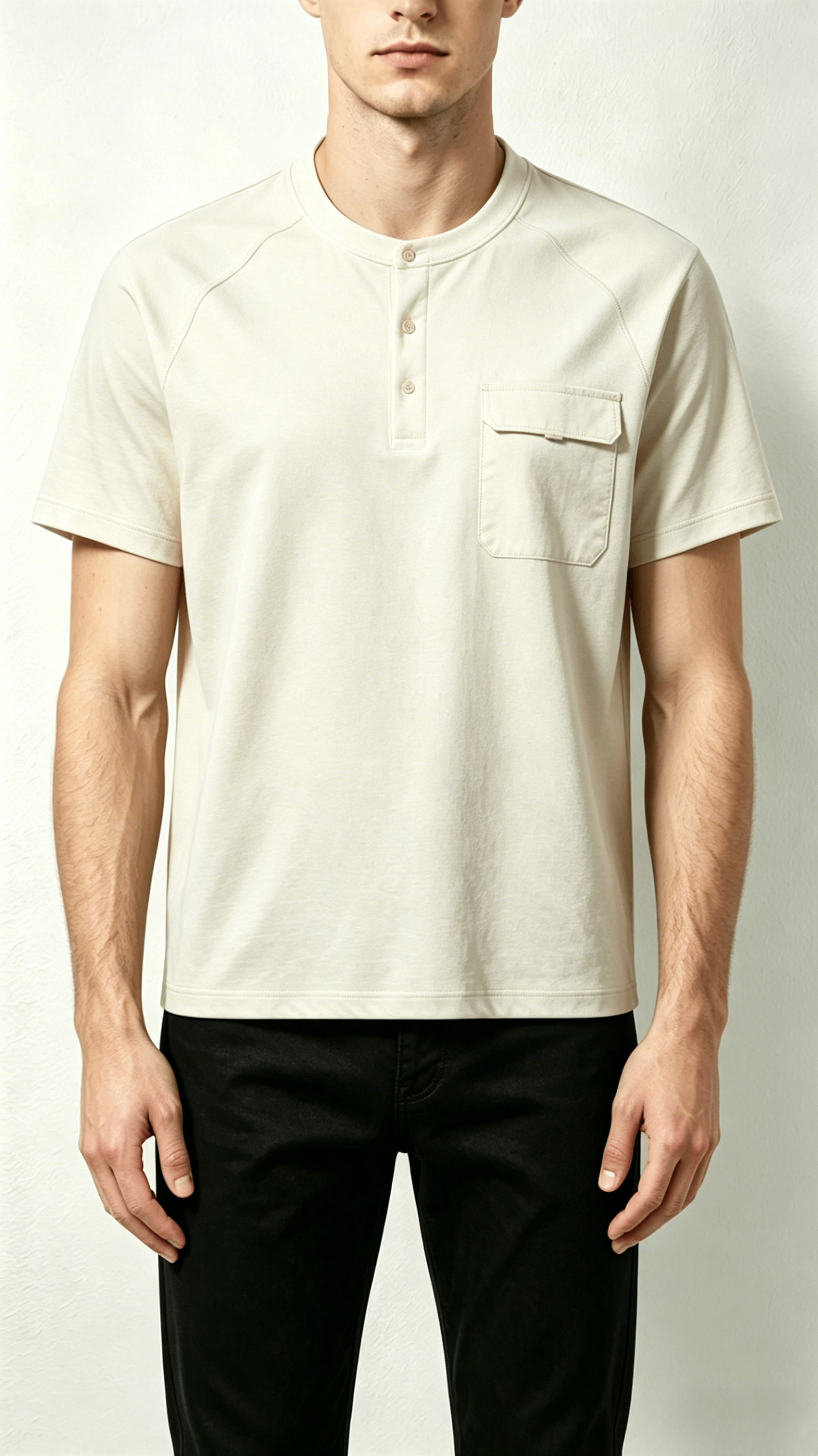 Cream Embroidered Henley Zip Pocket T-Shirt - Image 3