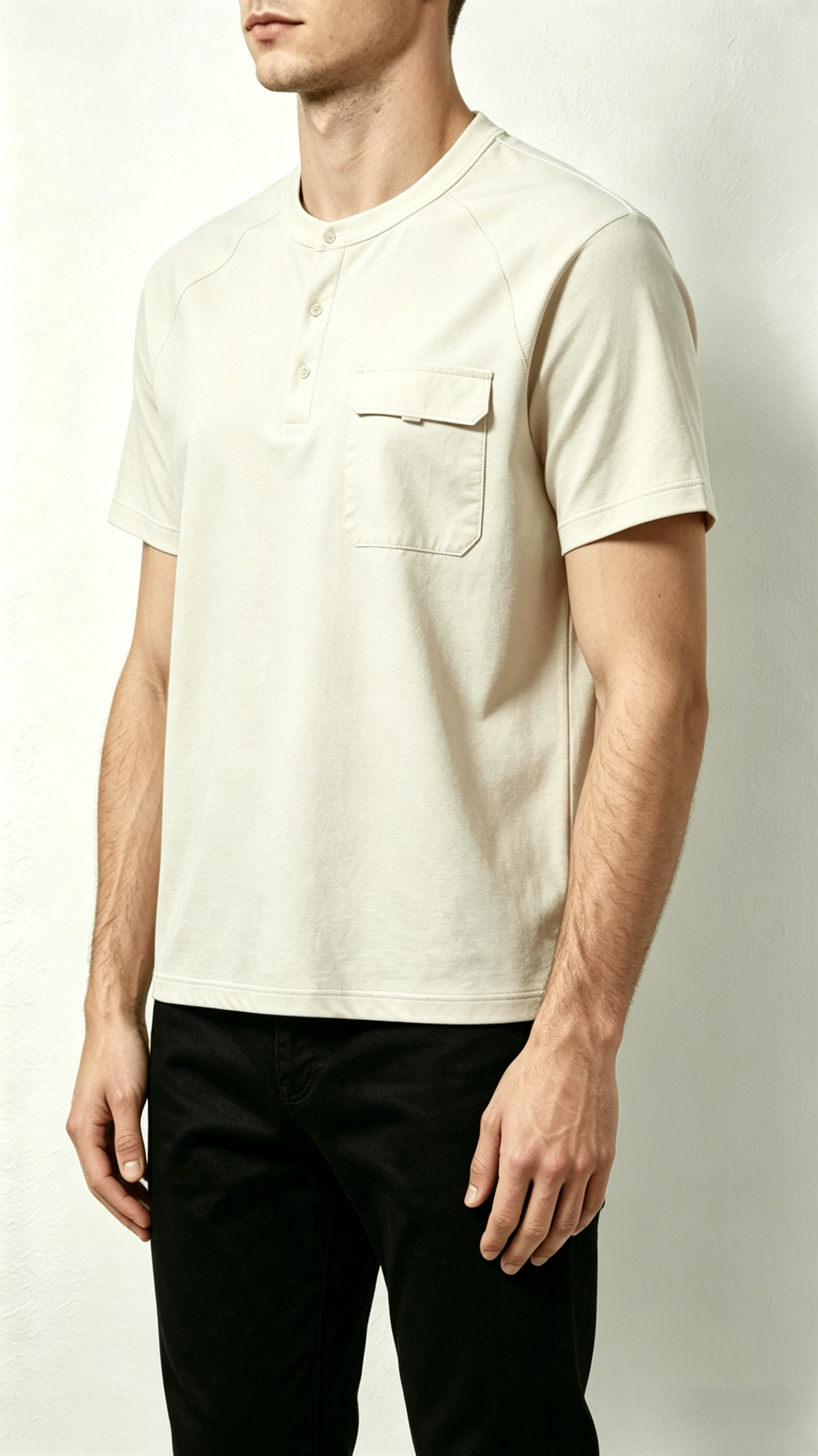 Cream Embroidered Henley Zip Pocket T-Shirt - Image 4