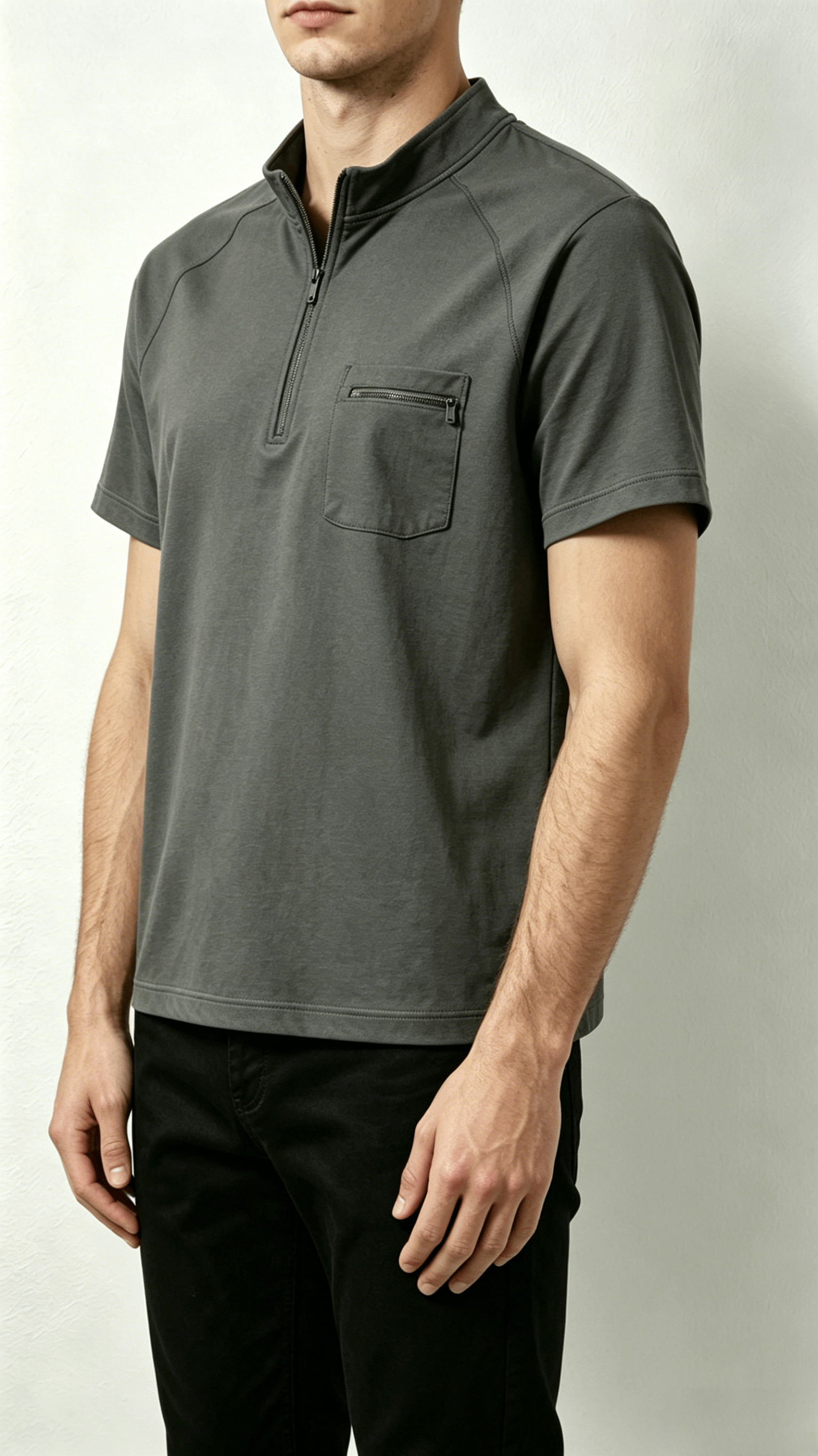 Dark Grey Half-Zip Pocket T-Shirt - Image 4
