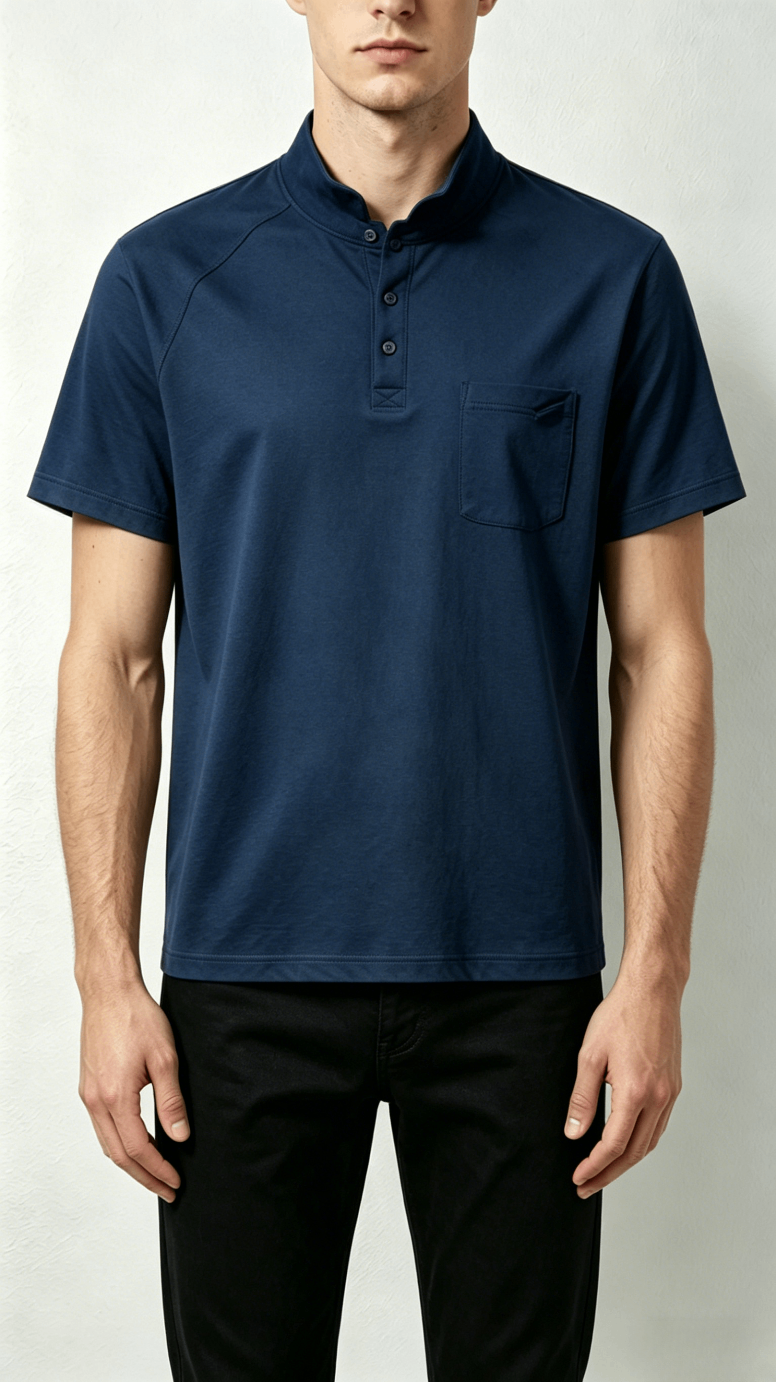 Navy Stand Collar Henley T-Shirt - Image 3