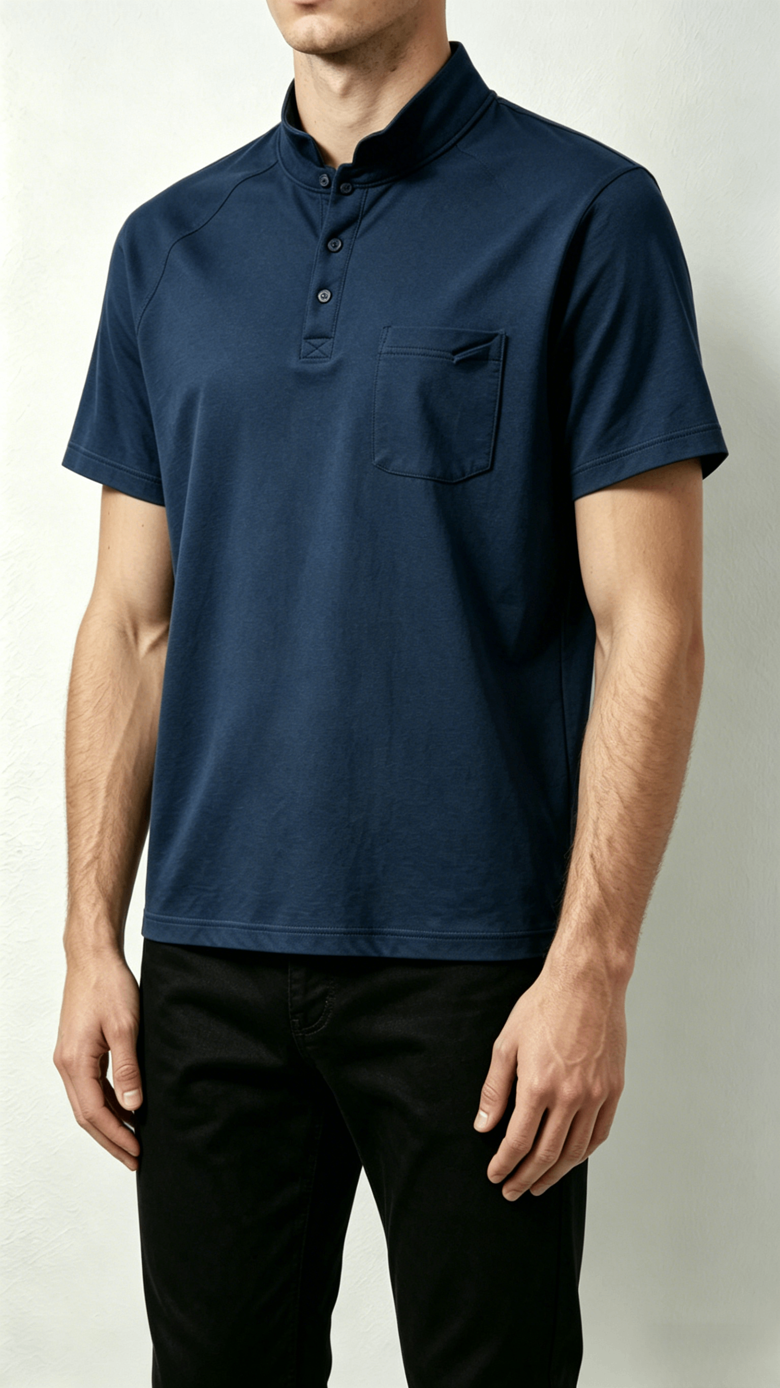 Navy Stand Collar Henley T-Shirt - Image 4