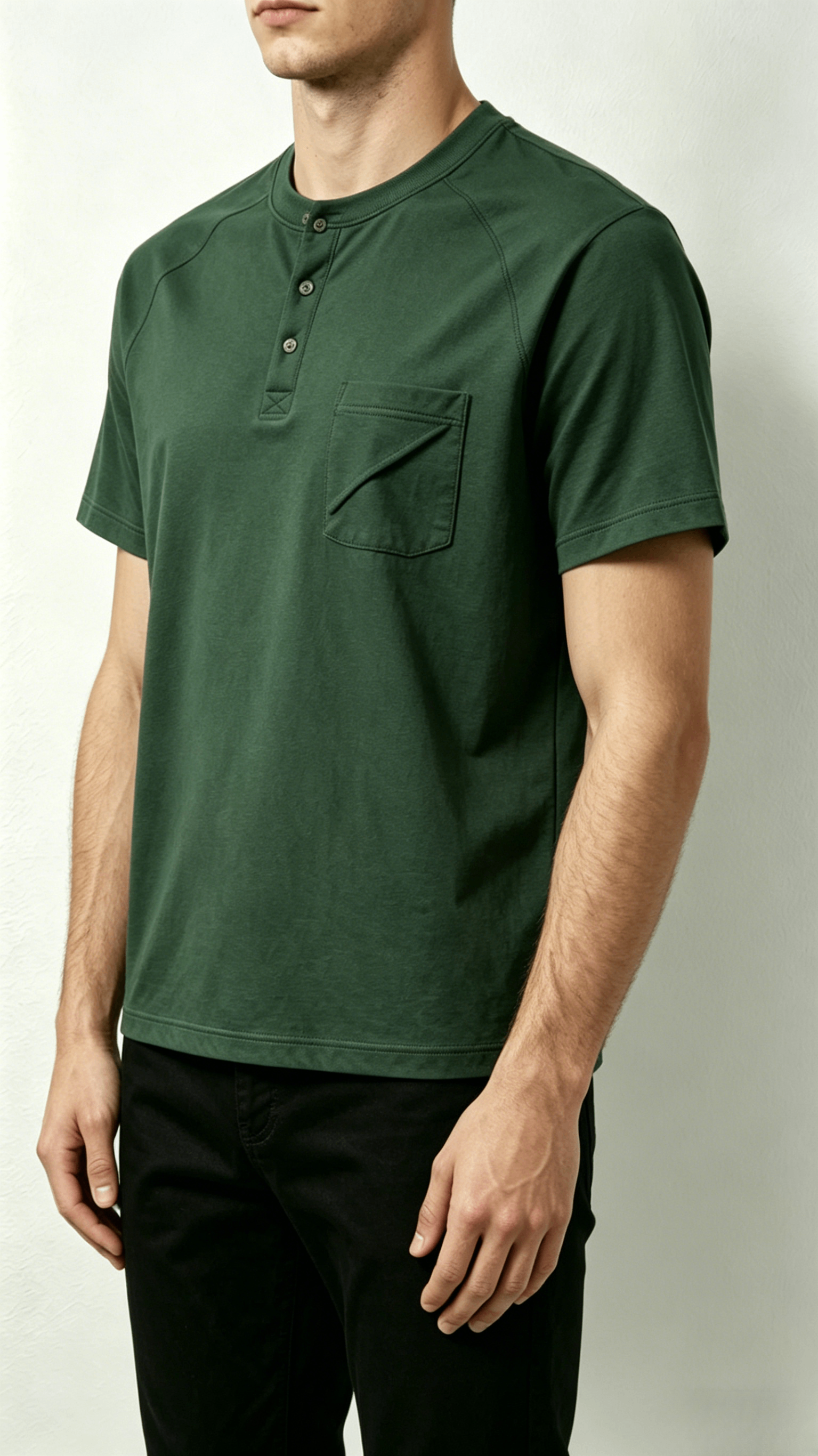 Forest Green Diagonal Pocket Henley T-Shirt - Image 4