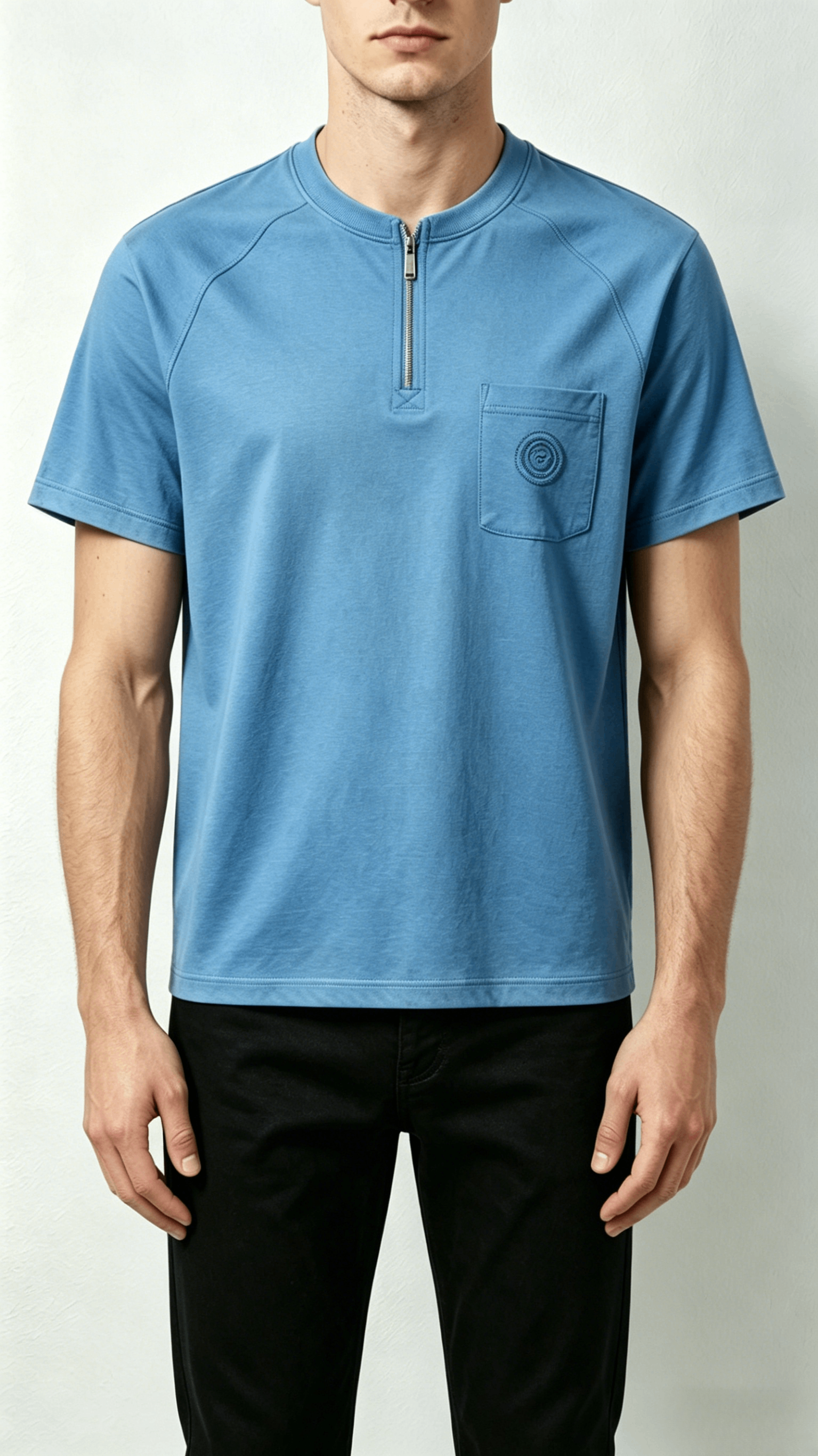 Light Blue Half-Zip Embroidered Pocket T-Shirt - Image 3