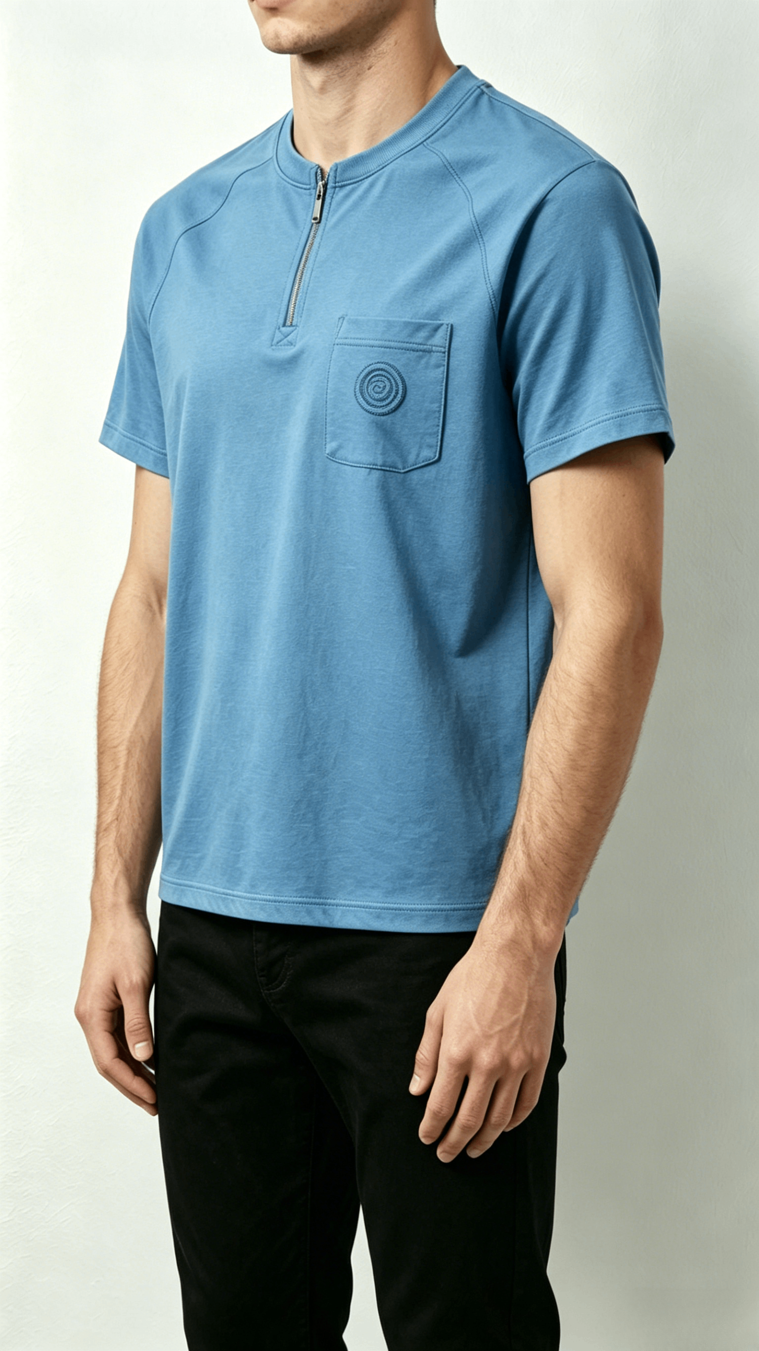 Light Blue Half-Zip Embroidered Pocket T-Shirt - Image 4