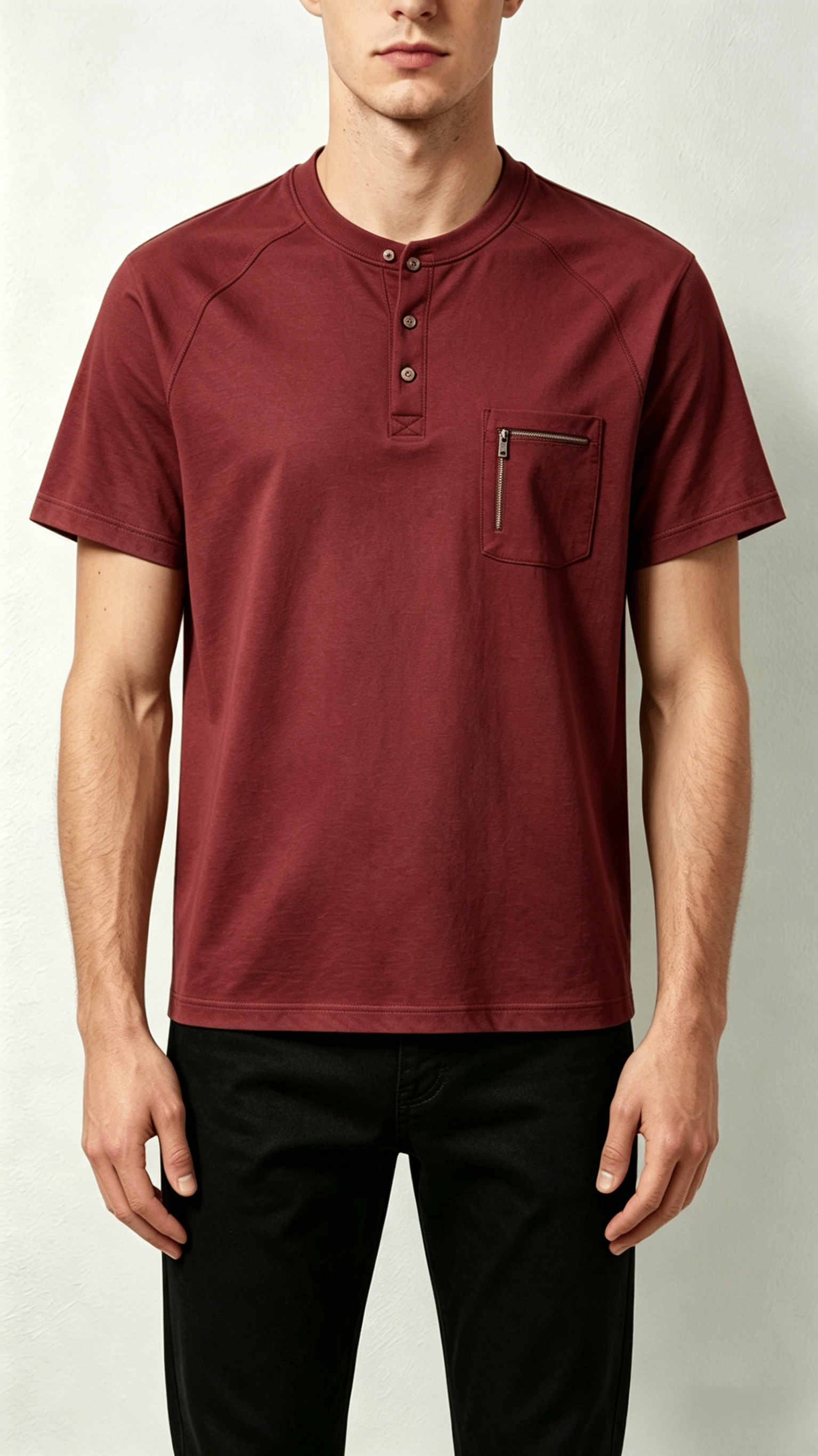 Red Zip Pocket Henley T-Shirt - Image 3