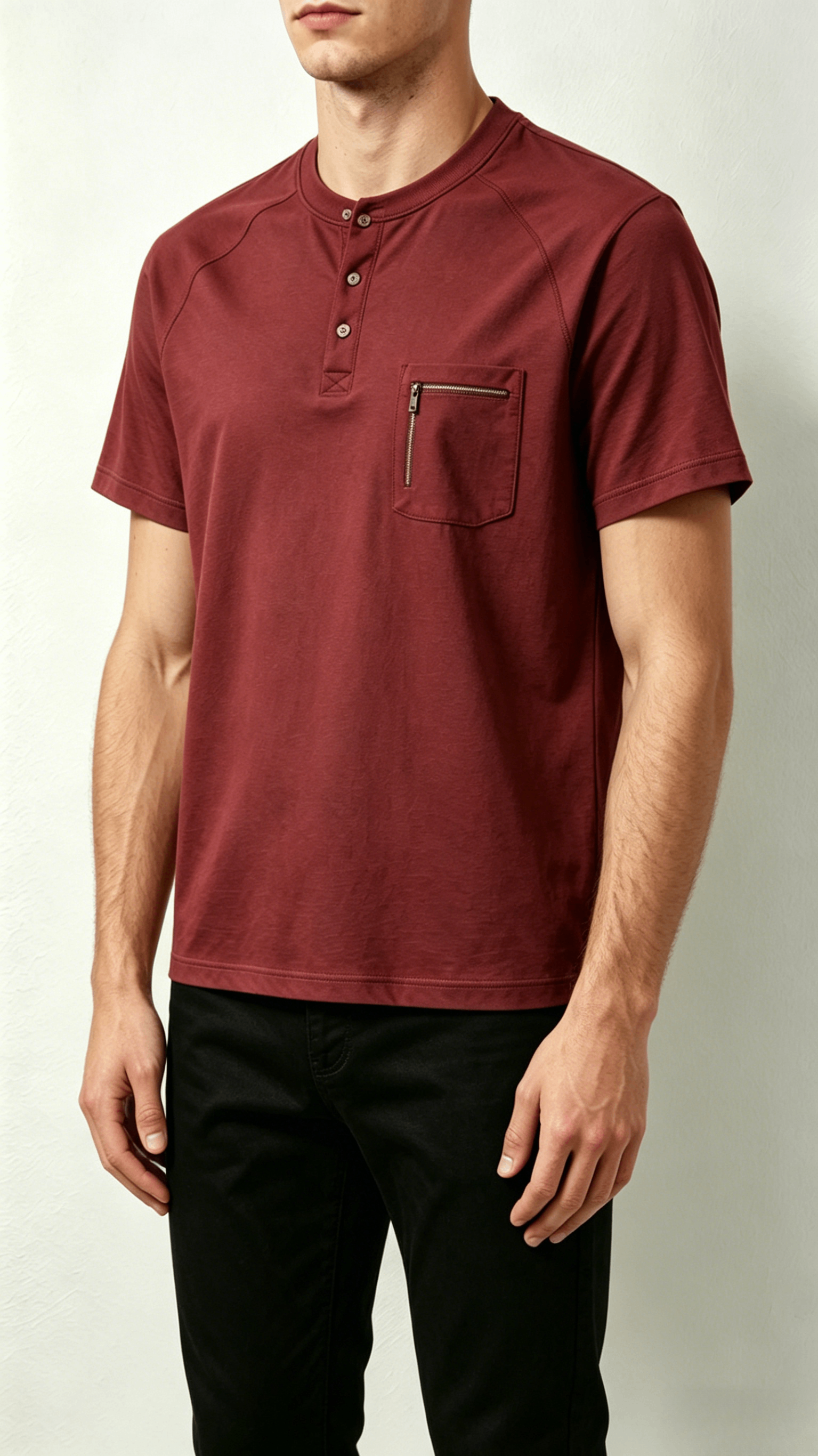 Red Zip Pocket Henley T-Shirt - Image 4