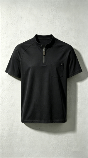 Black Stand Collar Half-Zip Pocket T-Shirt