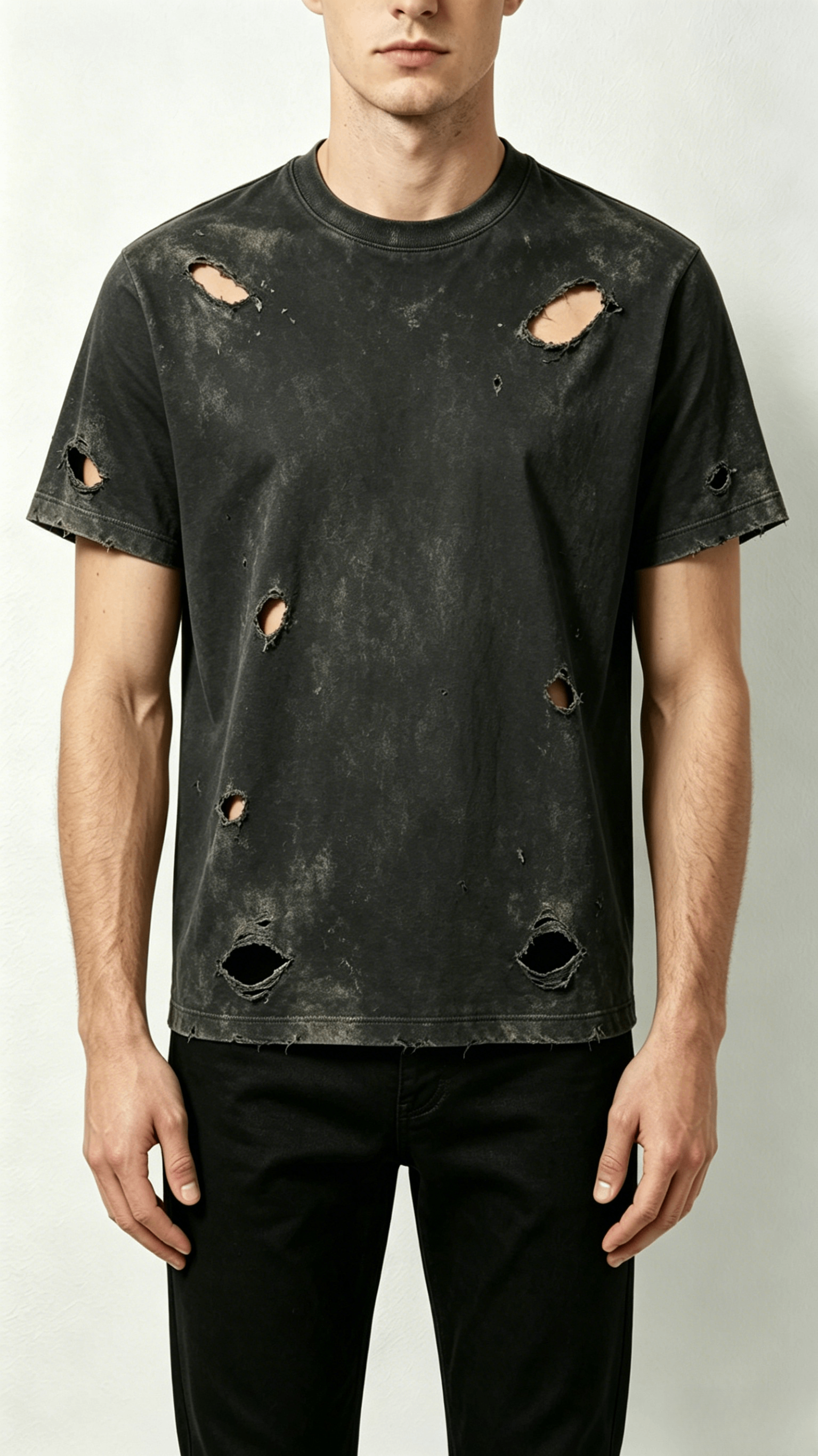Distressed Washed Black Crew Neck T-Shirt - Image 3