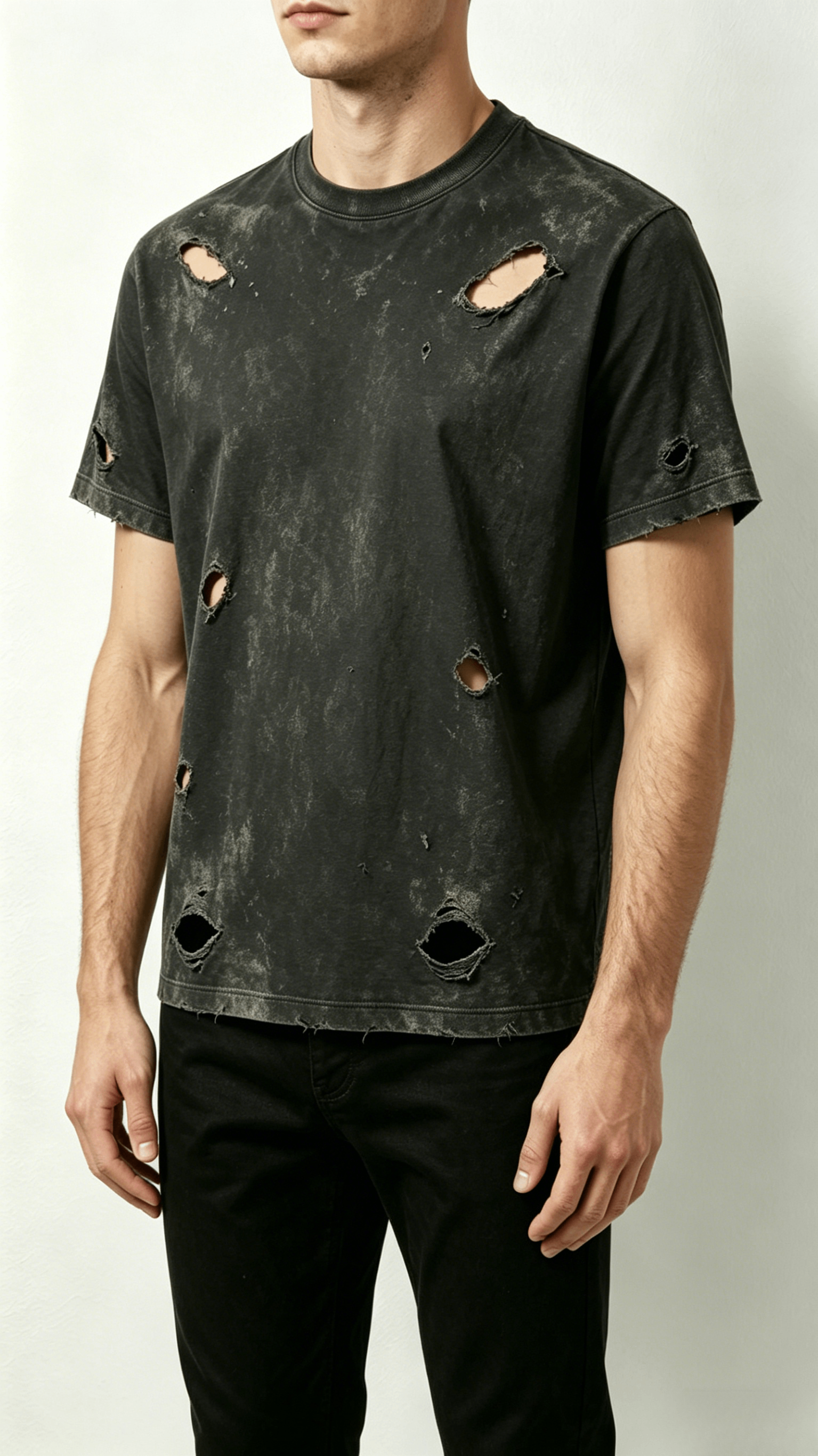 Distressed Washed Black Crew Neck T-Shirt - Image 4