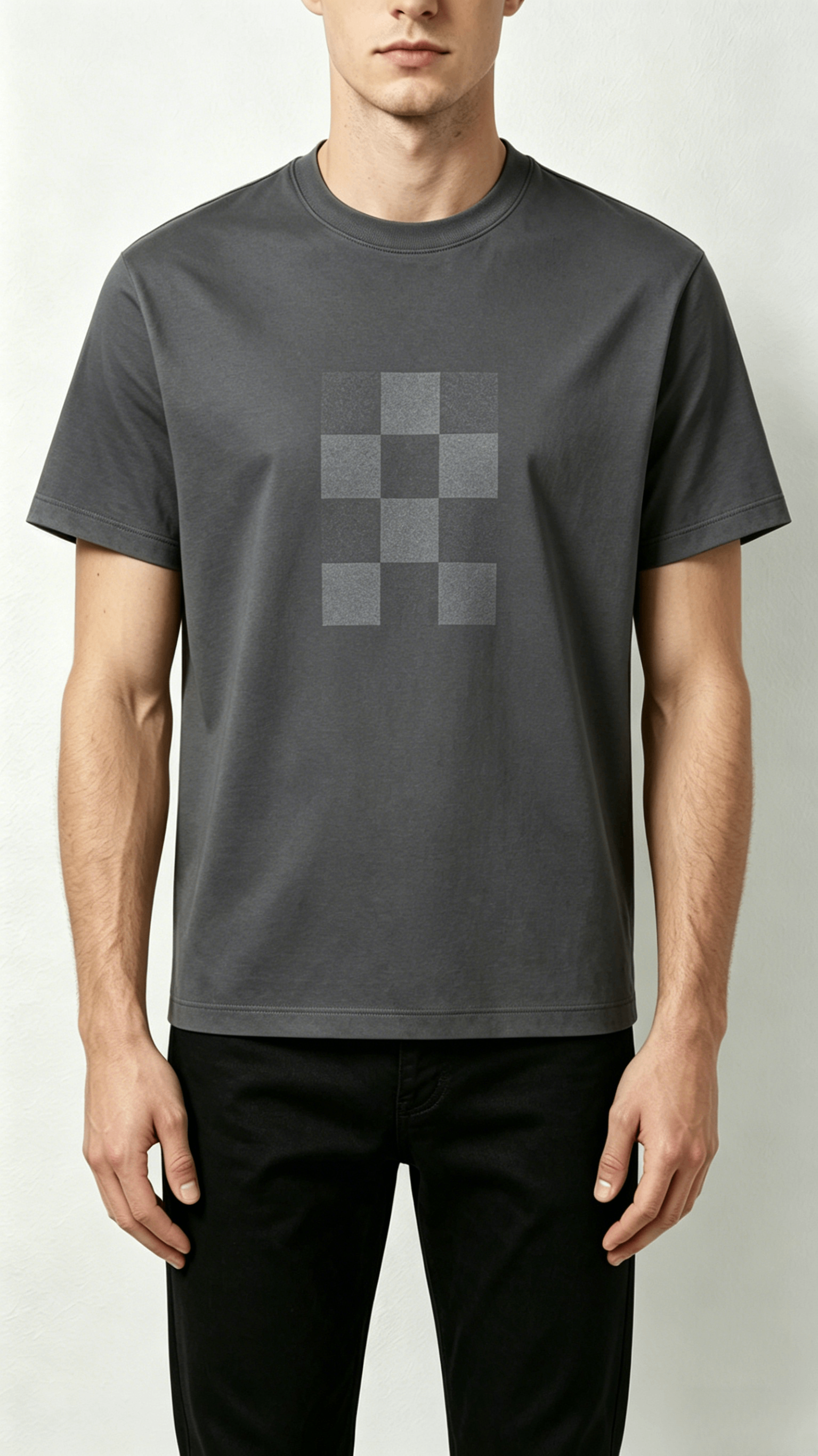 Dark Grey Checkerboard Print Crew Neck T-Shirt - Image 3