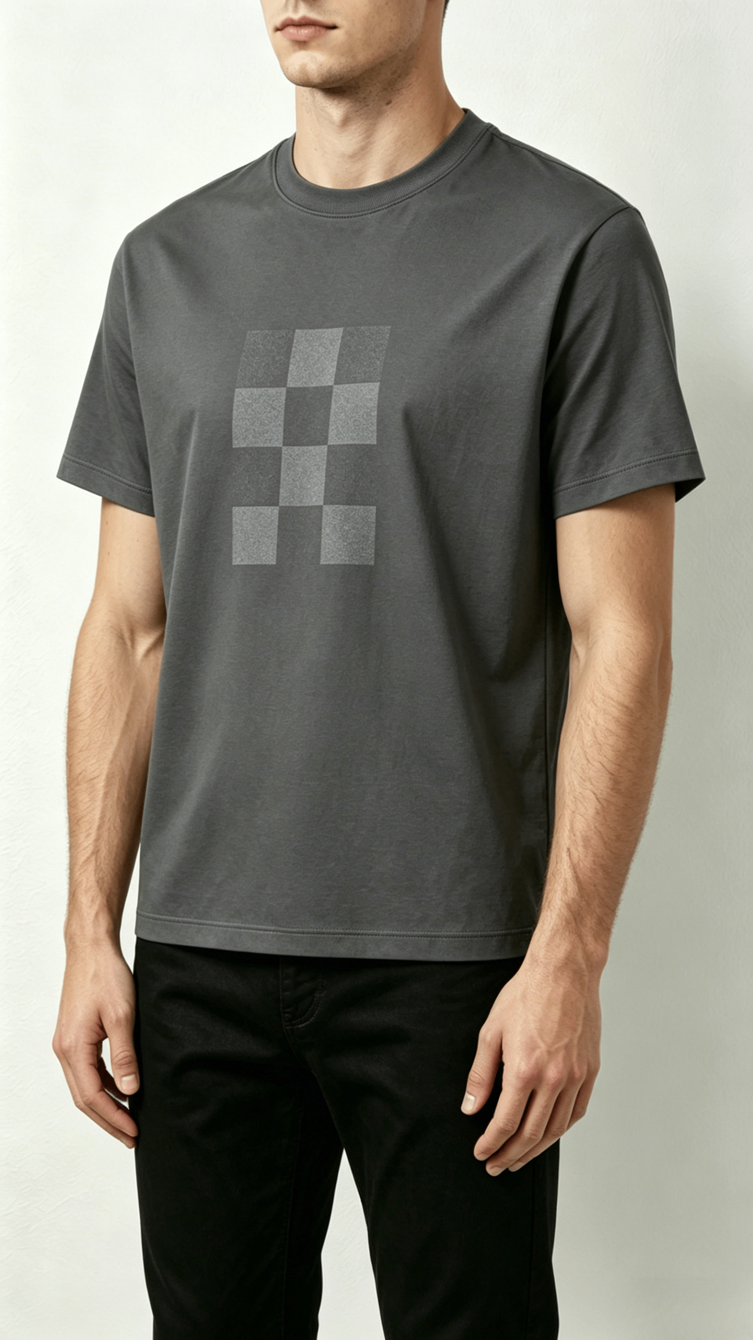 Dark Grey Checkerboard Print Crew Neck T-Shirt - Image 4