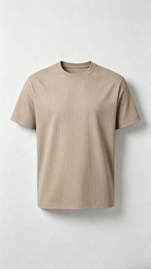 Beige Ribbed Crew Neck T-Shirt