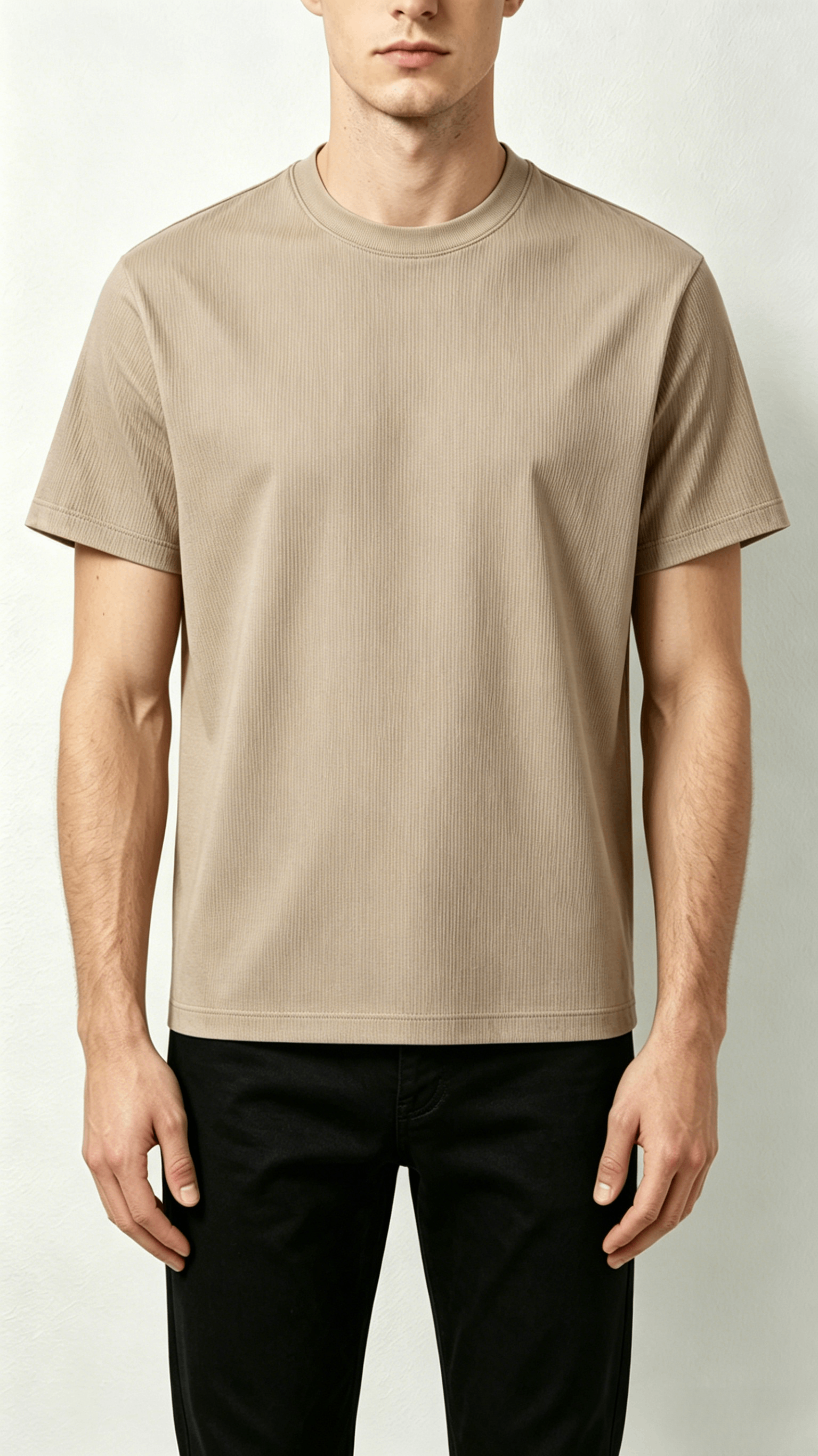 Beige Ribbed Crew Neck T-Shirt - Image 3