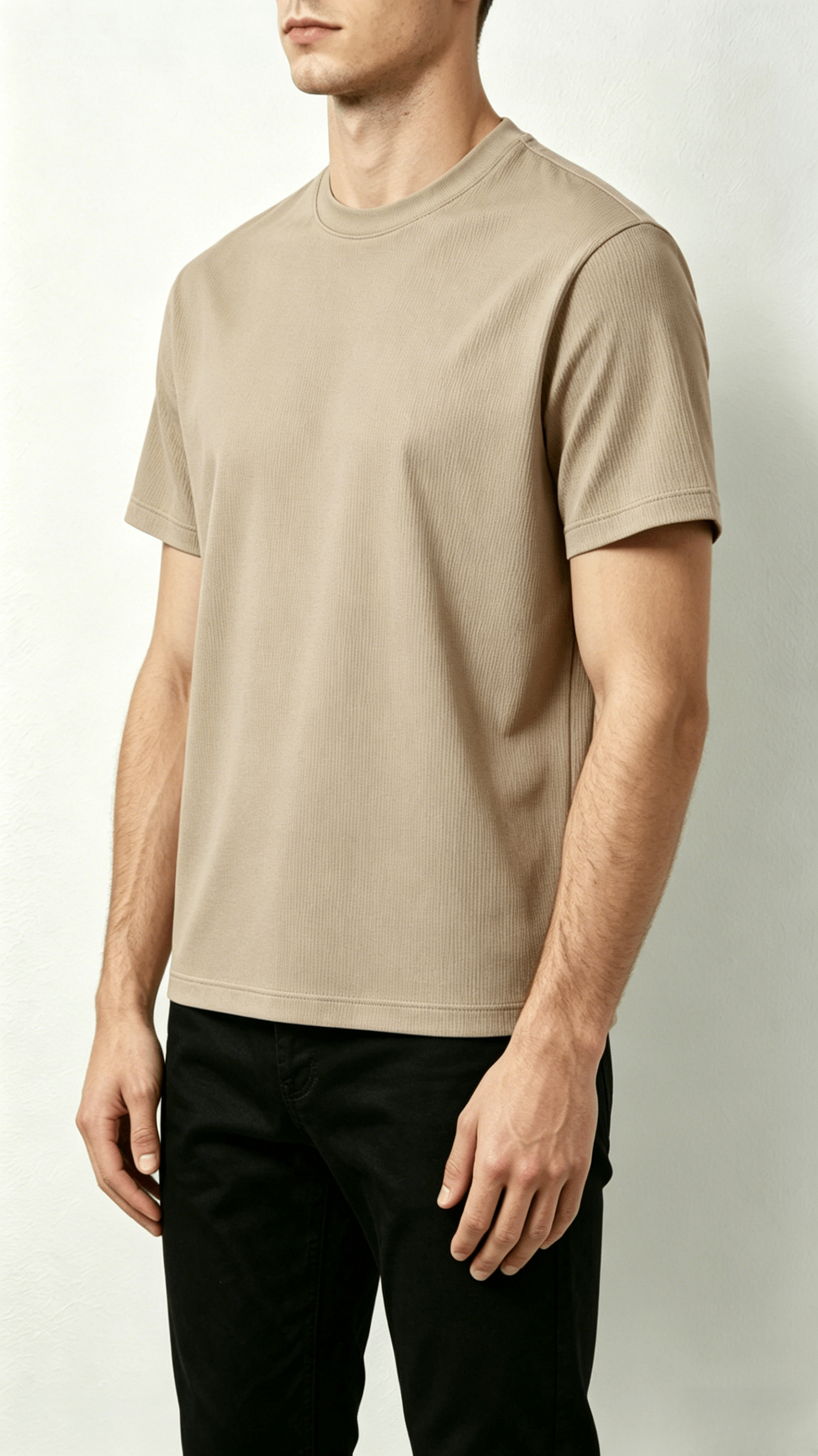 Beige Ribbed Crew Neck T-Shirt - Image 4